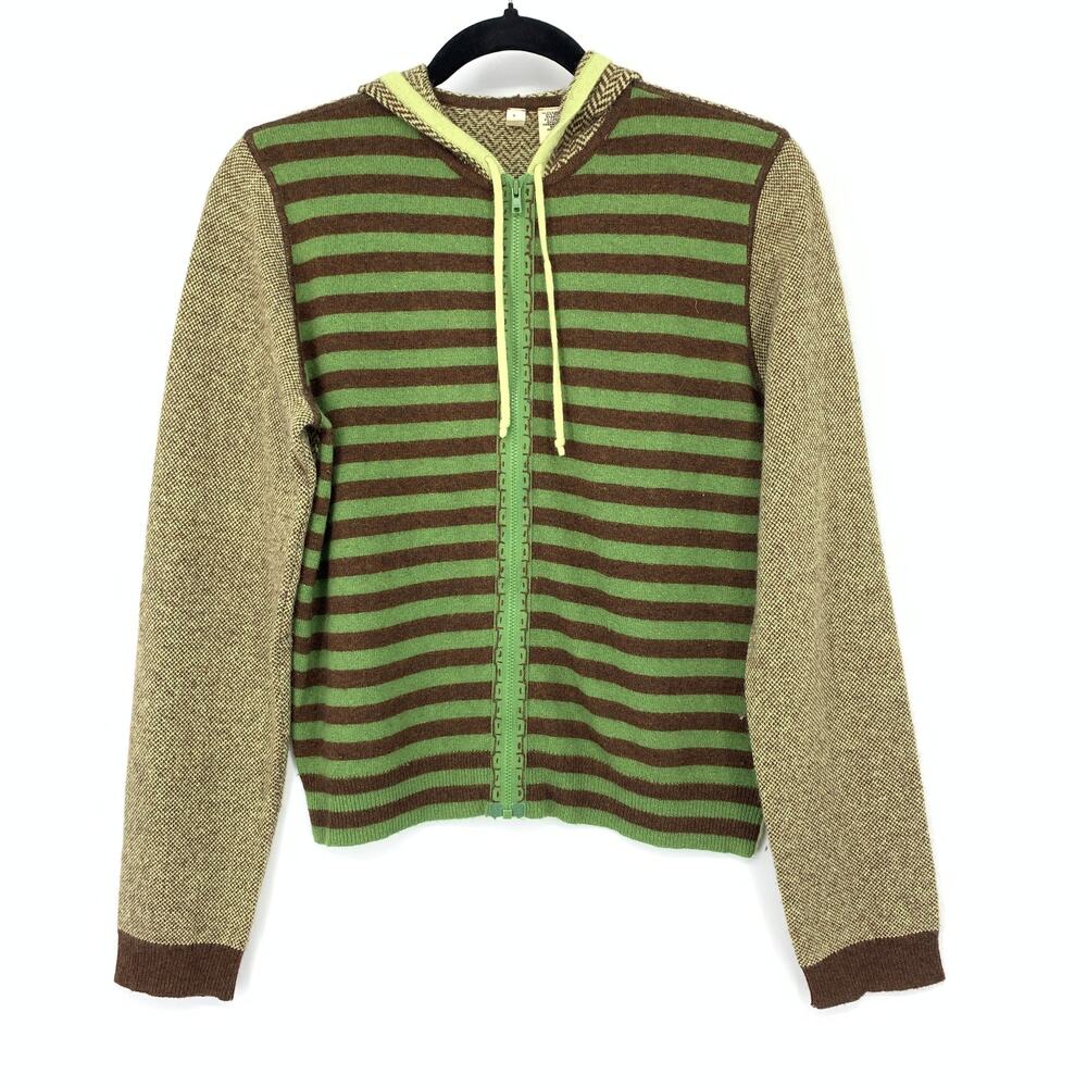 Moth Anthropologie Striped Hooded Zip Up Sweater Jacket Green Brown Boho Sz M